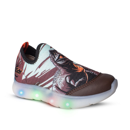 Tênis Infantil Menino Kidy Dinossauros Flex Ligth Marrom Laranja