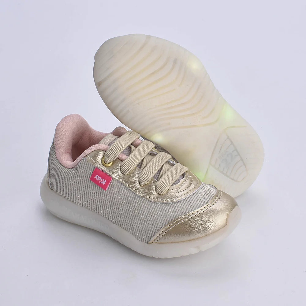 Tênis infantil Kidy de Luz Flex Light Ouro - Leve e Confortável