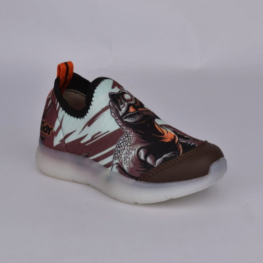 Tênis Infantil Menino Kidy Dinossauros Flex Ligth Marrom Laranja