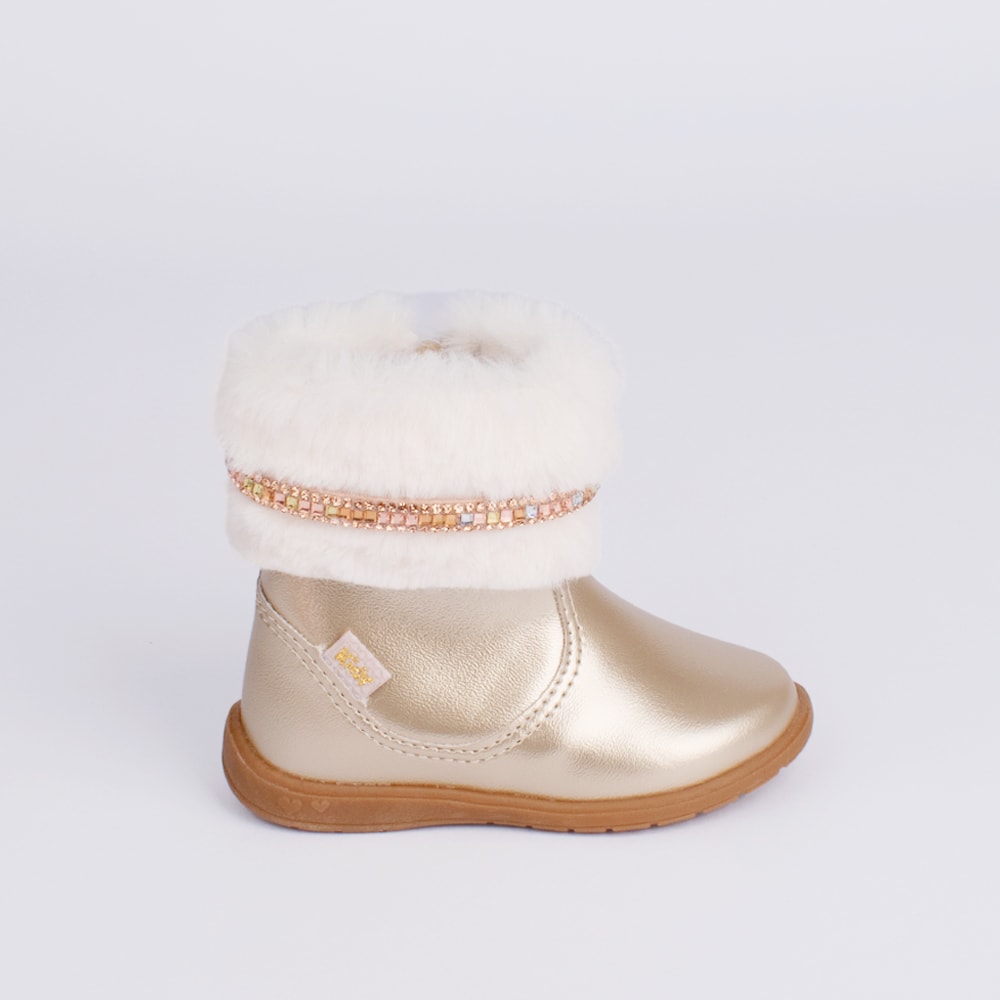 Bota Infantil Kidy Cano Ouro Curto Com Pelinho Strass Confortável Delicada