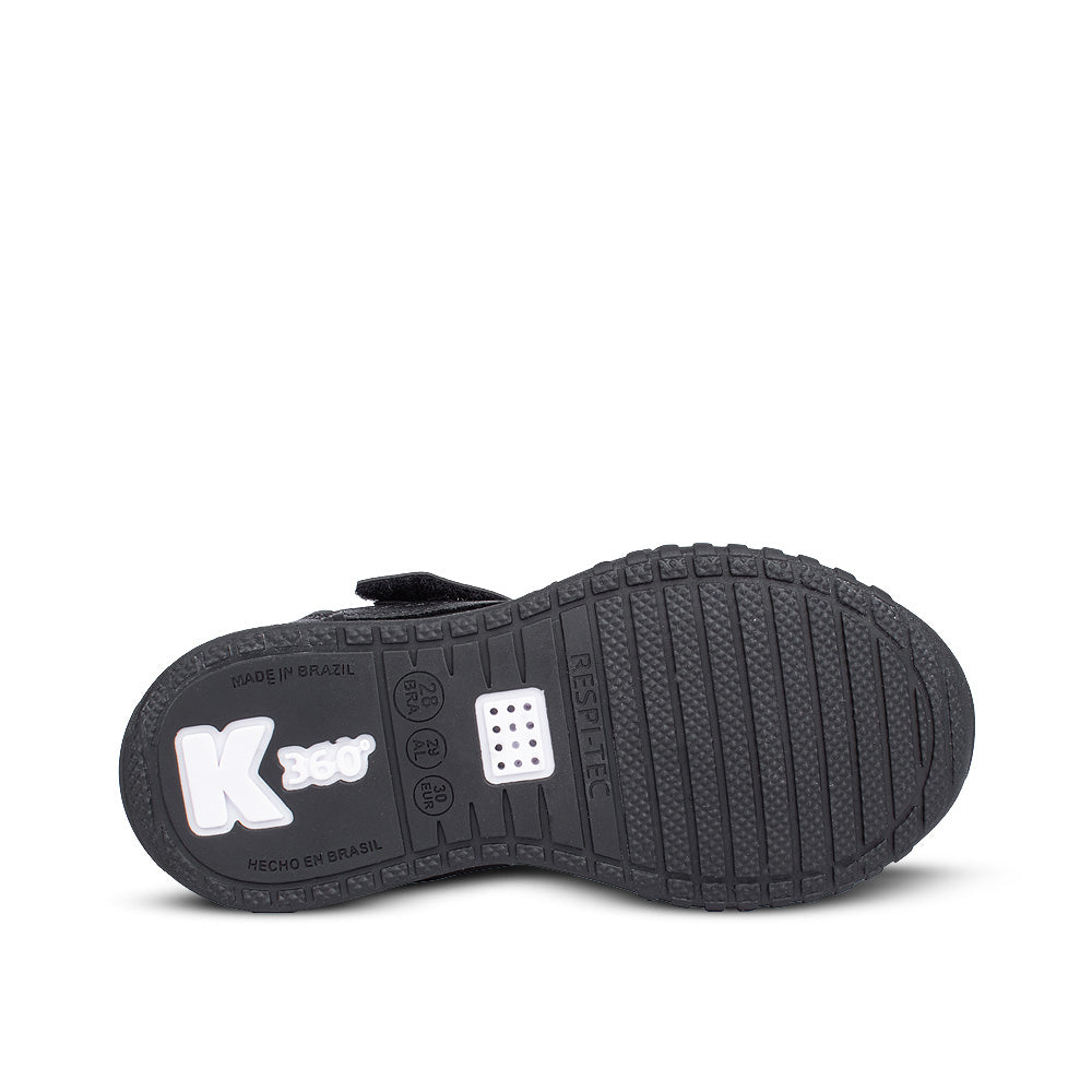 Tênis Infantil Menino Flat K360 Preto Kidy Sola Leve e Tira Aderente com Cadarço