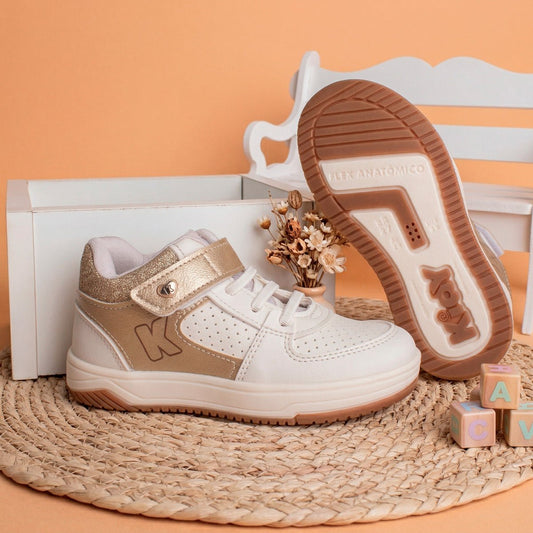 Tênis Infantil Menina Kidy Happy Fita Aderente Off White com Ouro 22 ao 27 - Kidy Calçados -