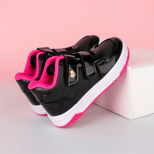 Tênis Infantil Menina Kidy Happy Preto e Pink Velcro Duplo 22 ao 27 - Kidy Calçados -