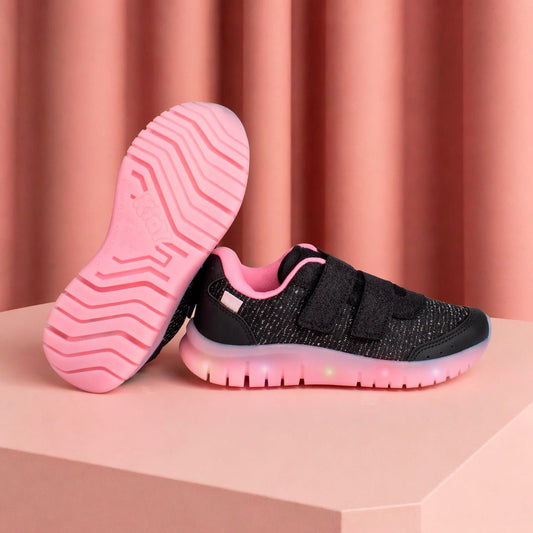 Tênis Infantil Menina Kidy Light Fun Led Preto Pisca - Pisca e Velcro Duplo - Kidy Calçados -