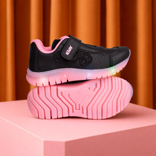 Tênis Infantil Menina Kidy Light Fun Preto e Rosa Pisca - Pisca e Velcro - Kidy Calçados -