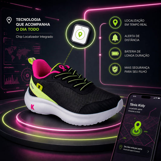 Tênis Infantil Menina Kidy Nuvem Localize Preto, Pink e Neon - Com Chip Localizador - Kidy Calçados - Tênis