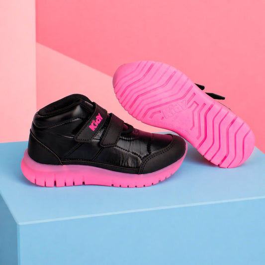 Tênis Infantil Menina Kidy Ultra Flexivel Preto/Pink Velcro Duplo Cano Alto - Kidy Calçados -