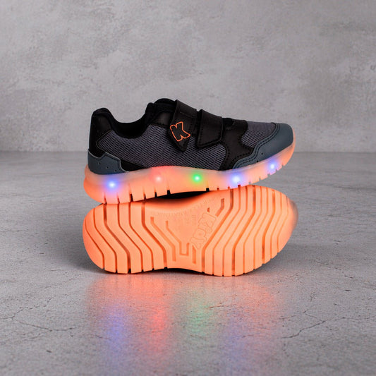 Tênis Infantil Menino Kidy Light Fun Grafite e Laranja Pisca - Pisca e Velcro Duplo - Kidy Calçados -