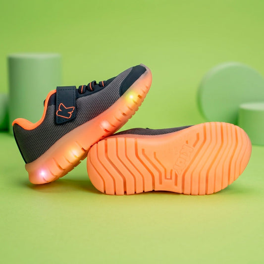 Tênis Infantil Menino Kidy Light Fun Marinho Grafite e Laranja Neon Pisca - Pisca e Velcro - Kidy Calçados -