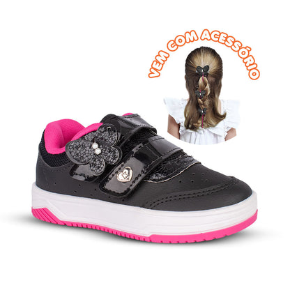 Tênis Infantil Menina  Kidy Happy Preto e Pink  Conforto e Segurança