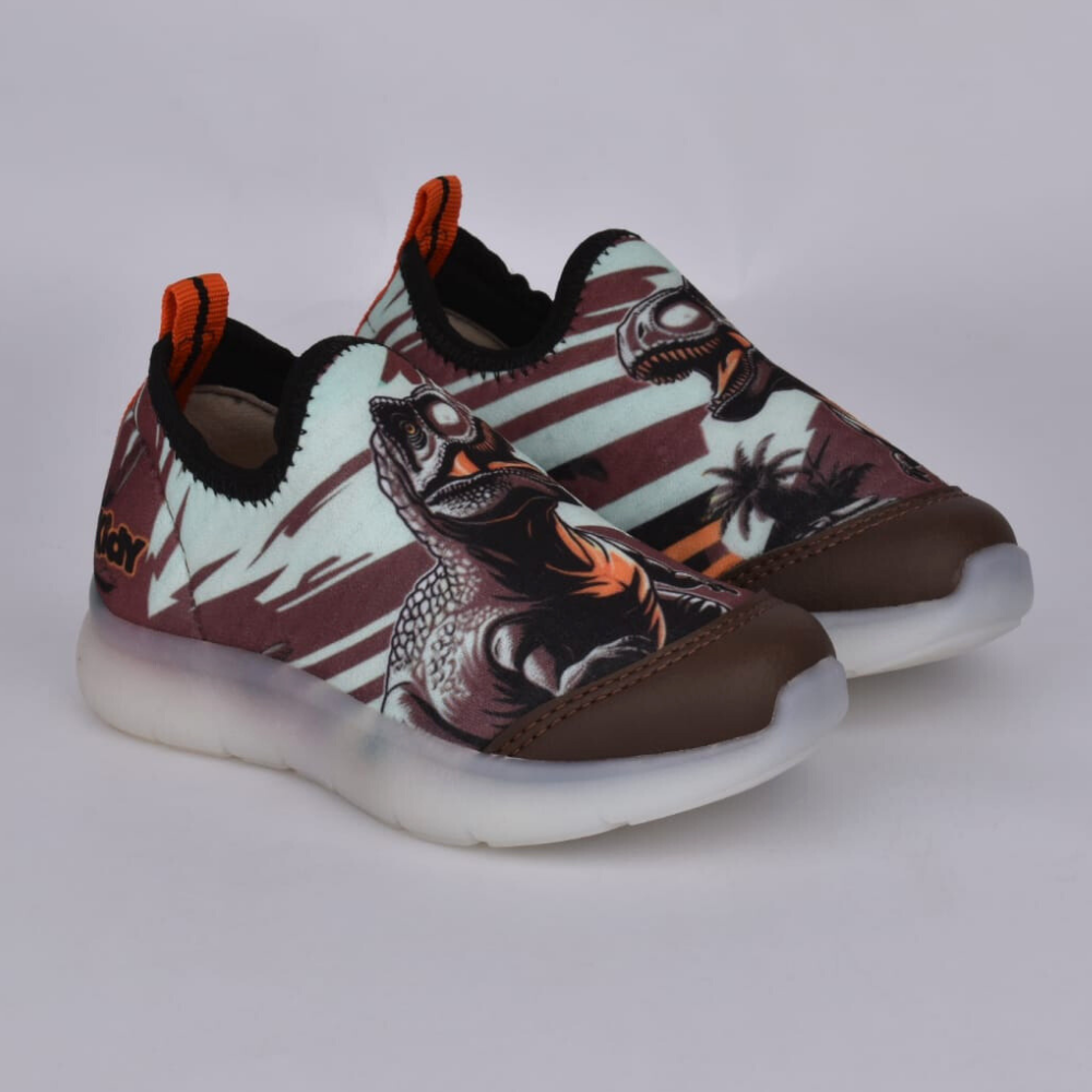 Tênis Infantil Menino Kidy Dinossauros Flex Ligth Marrom Laranja