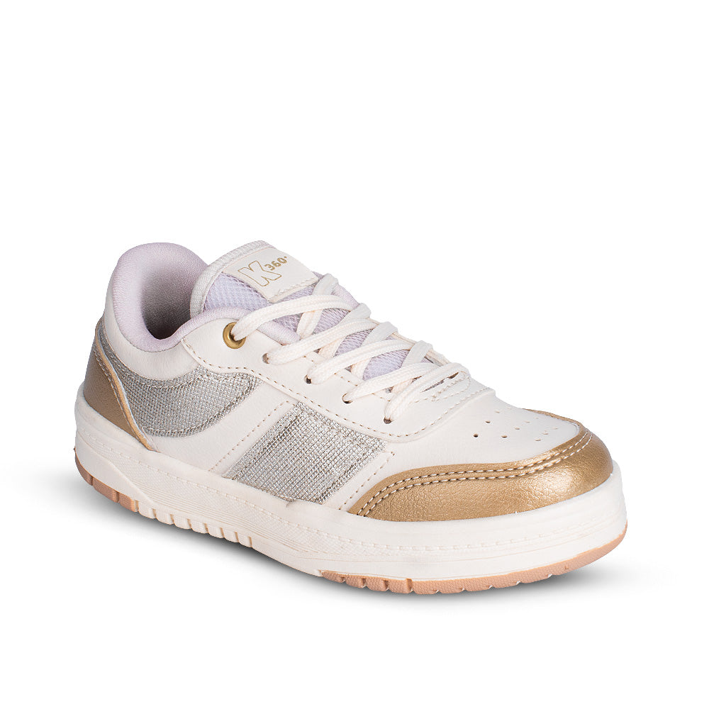 Tênis Infantil Menina Kidy K360 Estilo Respitec Off White/Ouro Delicado Estiloso