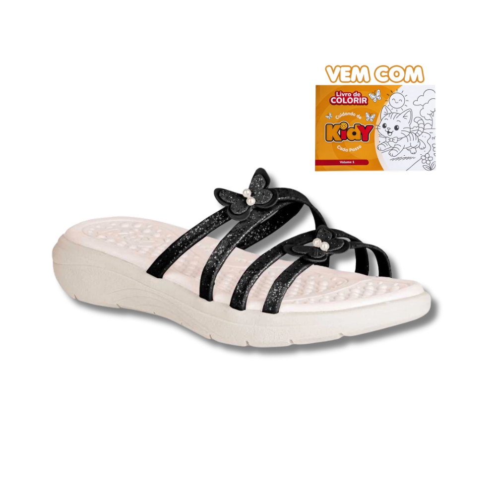 Kit Chinelo Menina Infantil Fly Preto + Livro Bob Goods