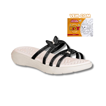 Kit Chinelo Menina Infantil Fly Preto + Livro Bob Goods