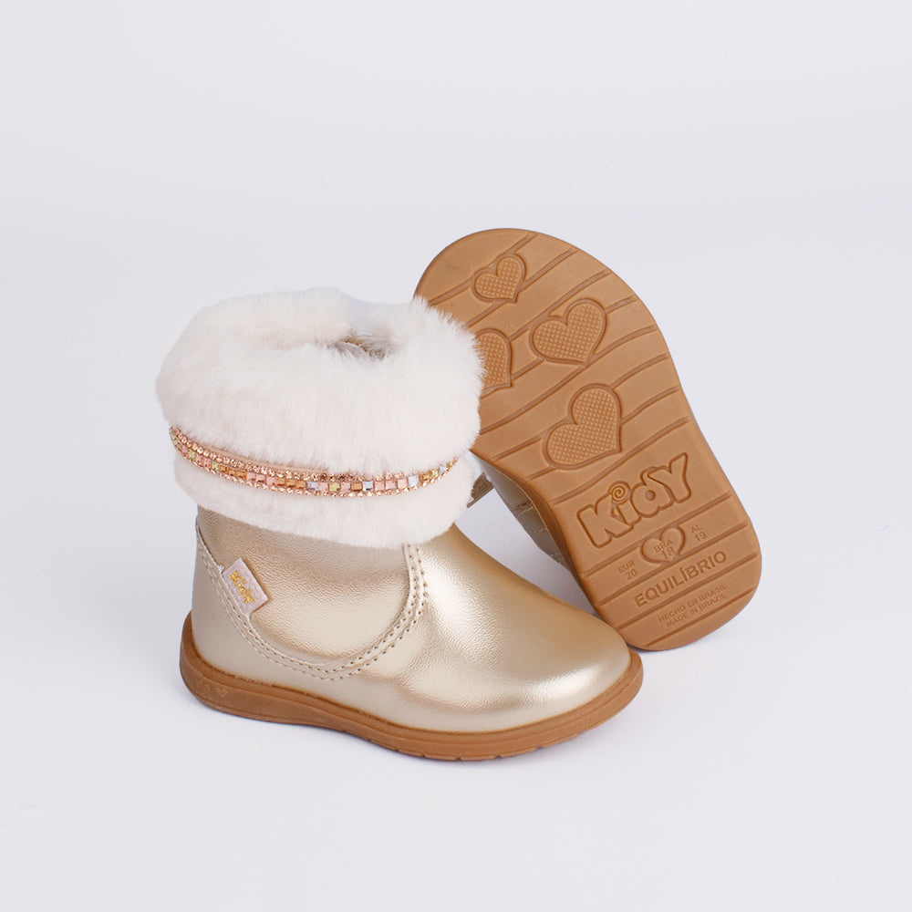 Bota Infantil Kidy Cano Ouro Curto Com Pelinho Strass Confortável Delicada