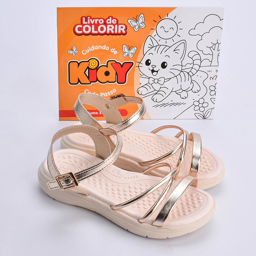 Kit Sandália infantil Menina Fly Ouro e Livro Bob Goods