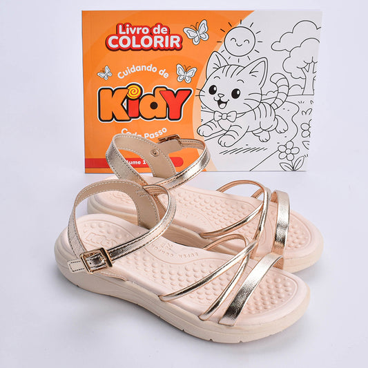 Kit Sandália infantil Menina Fly Ouro e Livro Bob Goods