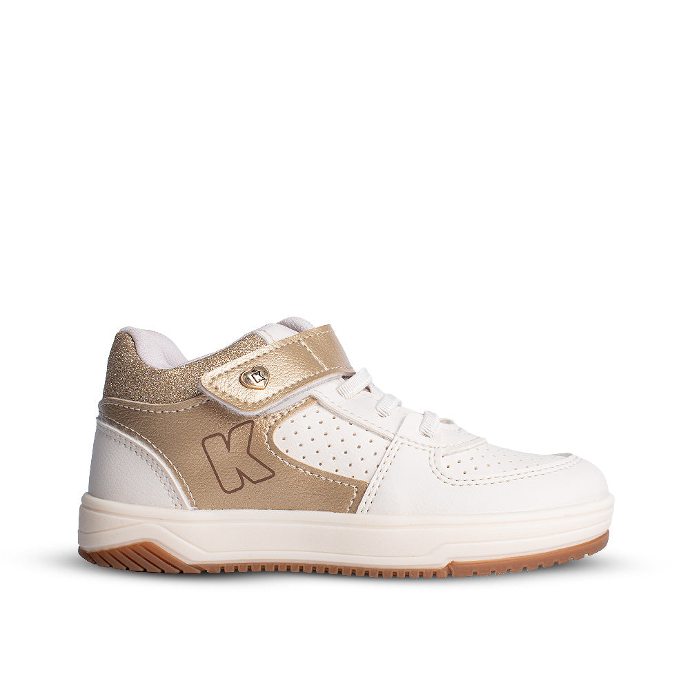 Tênis Infantil Menina Kidy Happy Fita Aderente Off White com Ouro 22 ao 27