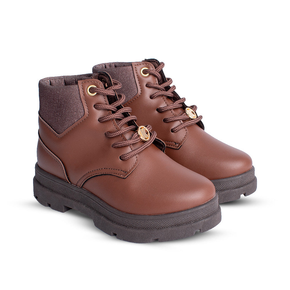 Bota Coturno Infantil Menina Kidy Style Camel Delicada Com Cadarço