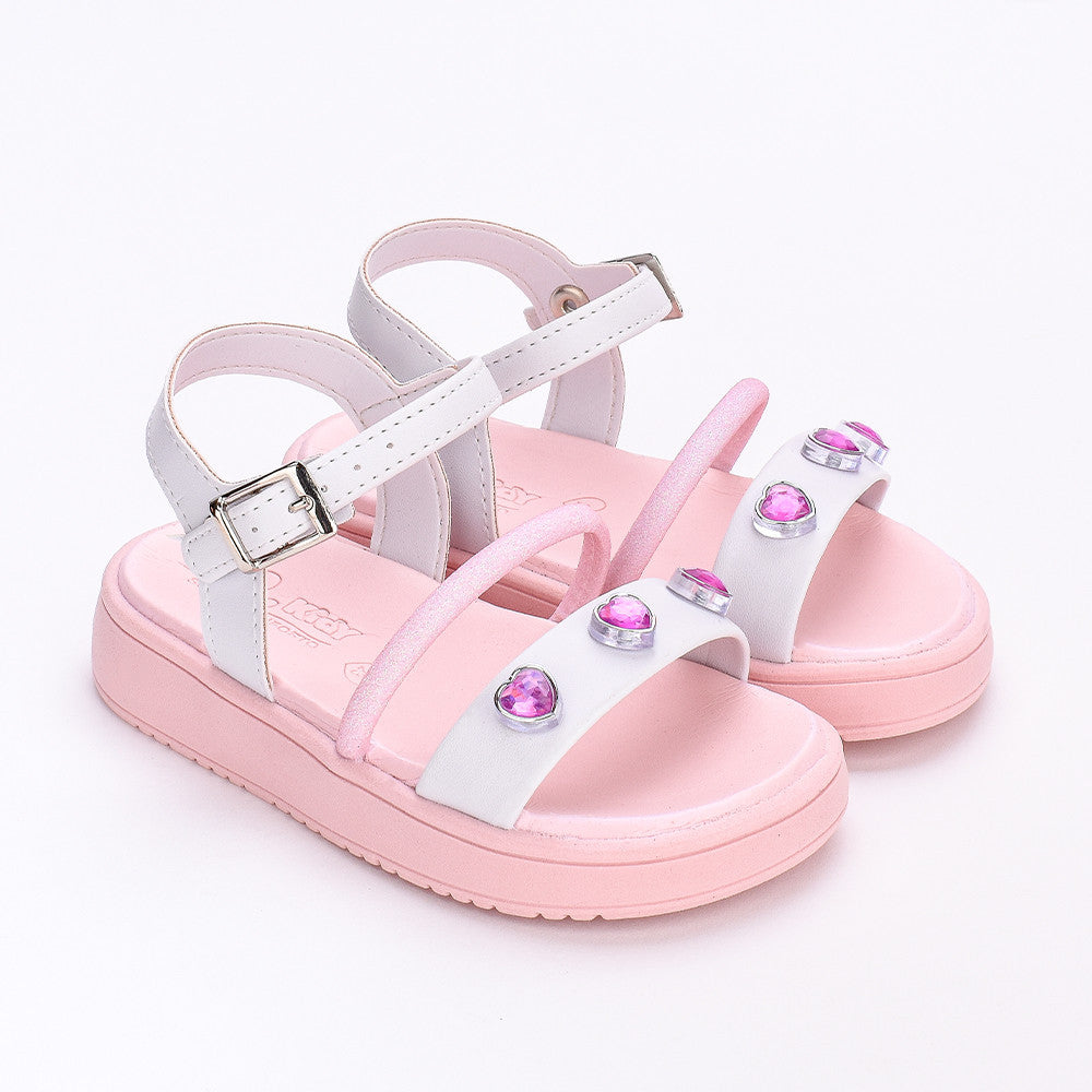 SANDÁLIA MENINA KIDY MINI FLAT FORM BRANCO/ROSA COM BRINQUEDO