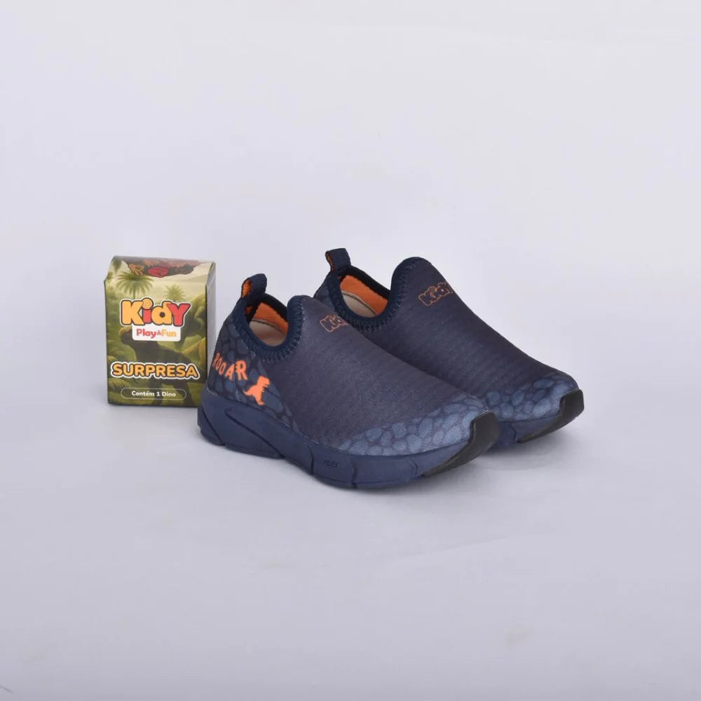 Tênis Infantil Menino Calce Fácil Kidy Energy Baby Respitec Marinho e Laranja + Dino Surpresa Colecionável