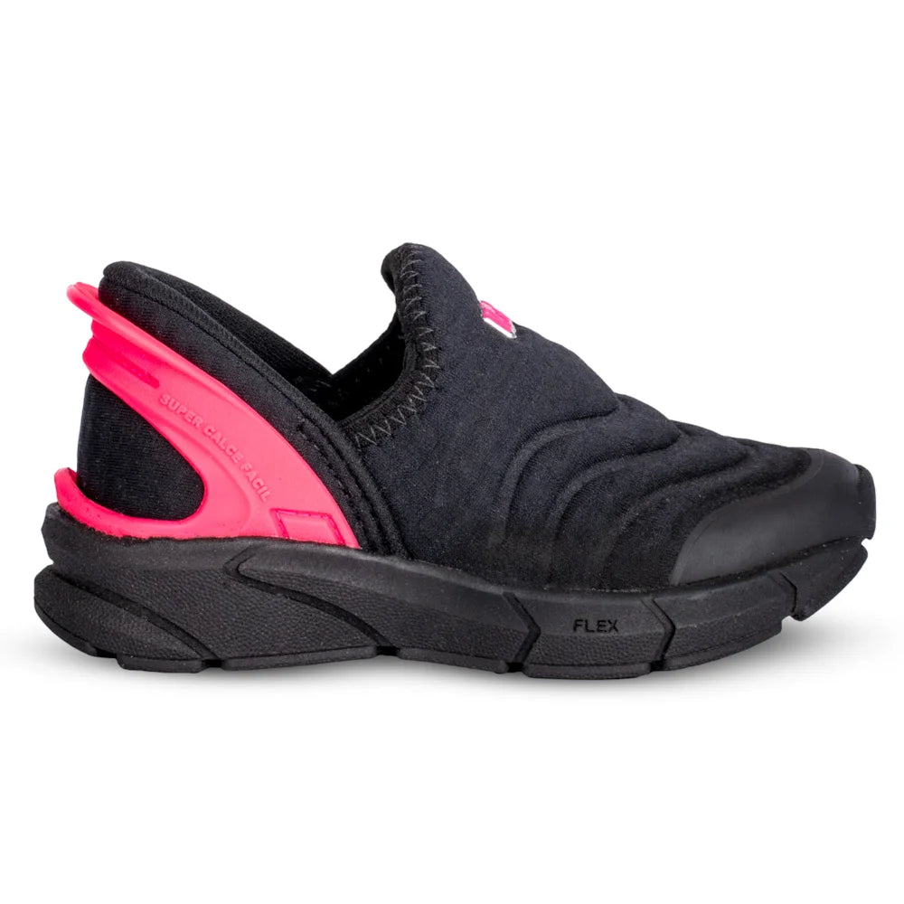 Tênis Infantil Menina Super Calce Fácil Kidy Preto e Pink Neon
