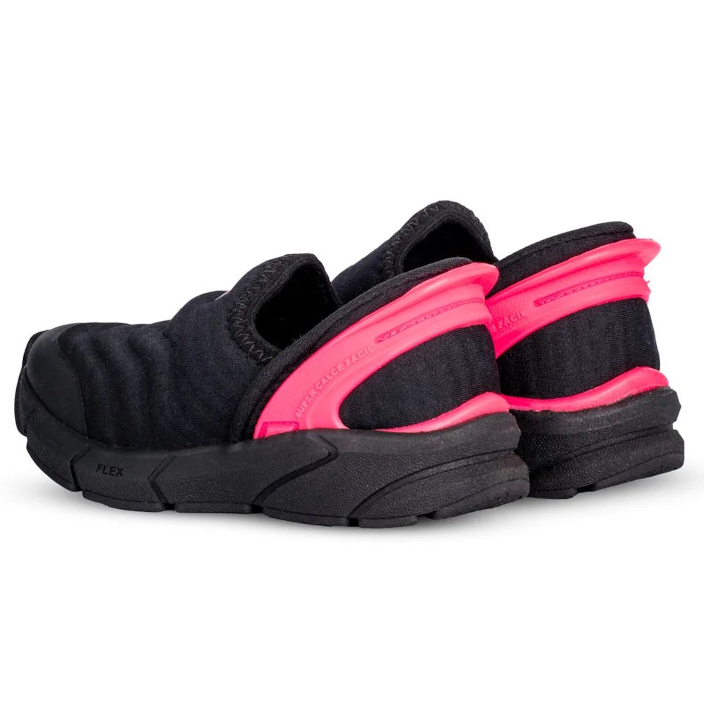 Tênis Infantil Menina Super Calce Fácil Kidy Preto e Pink Neon