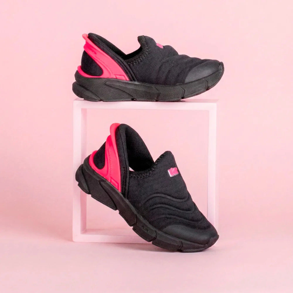 Tênis Infantil Menina Super Calce Fácil Kidy Preto e Pink Neon