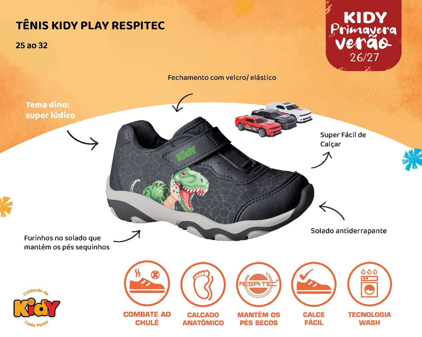 Tênis Infantil Menino Kidy Play Preto Dino Anatômico Com Brinquedo