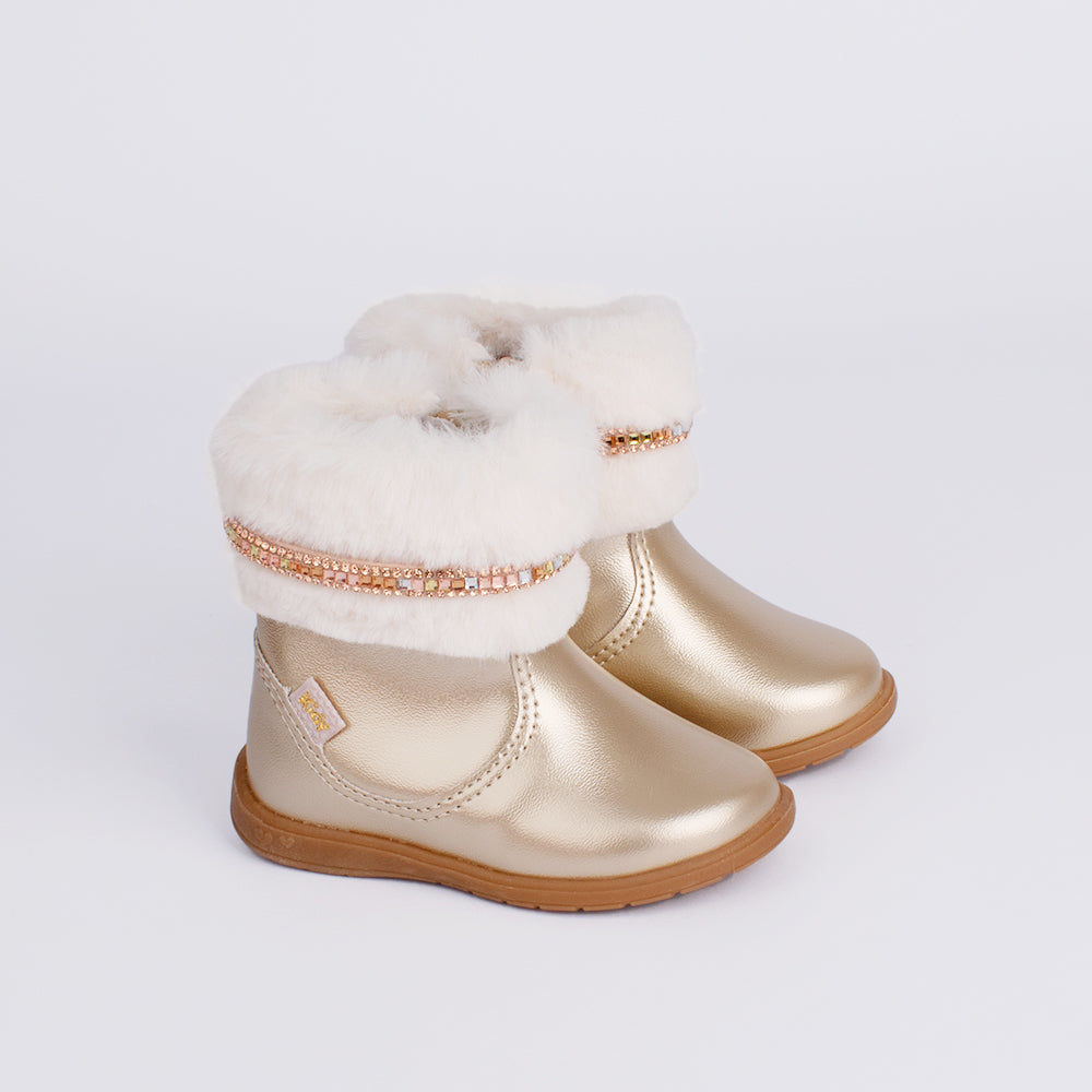 Bota Infantil Kidy Cano Ouro Curto Com Pelinho Strass Confortável Delicada
