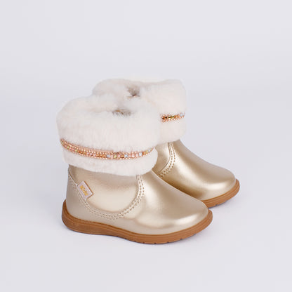 Bota Infantil Kidy Cano Ouro Curto Com Pelinho Strass Confortável Delicada