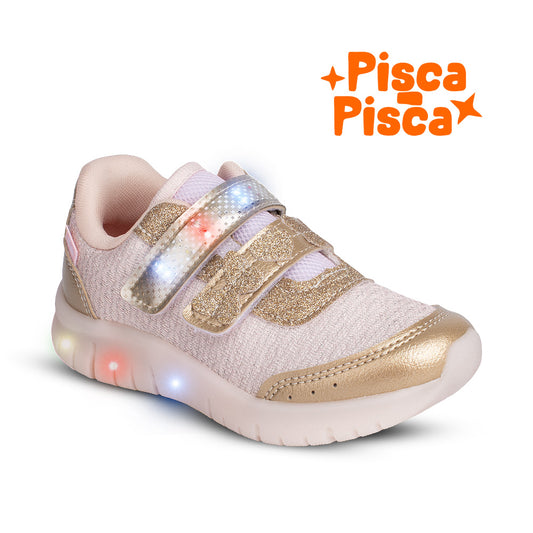 Tênis Infantil Menina Kidy Led Light Fun Ouro Velcro Duplo Conforto