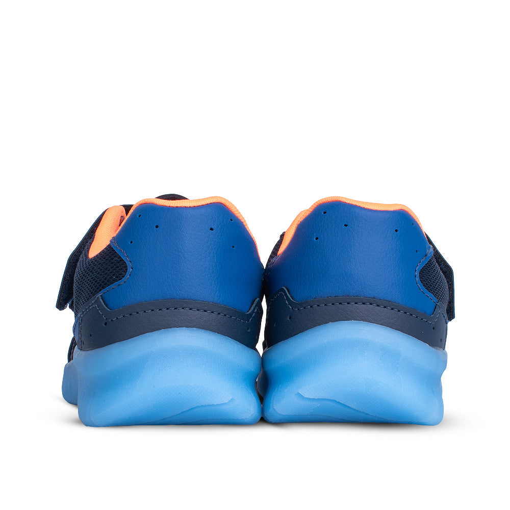 Tênis Infantil Menino Kidy Led Marinho Azul e Laranja Pisca-Pisca e Velcro Duplo
