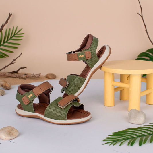 Sandália Infantil Menino Kidy Baby Verde Militar e Caramelo Primeiros Passos