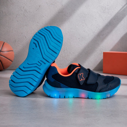 Tênis Infantil Menino Kidy Led Marinho Azul e Laranja Pisca-Pisca e Velcro Duplo