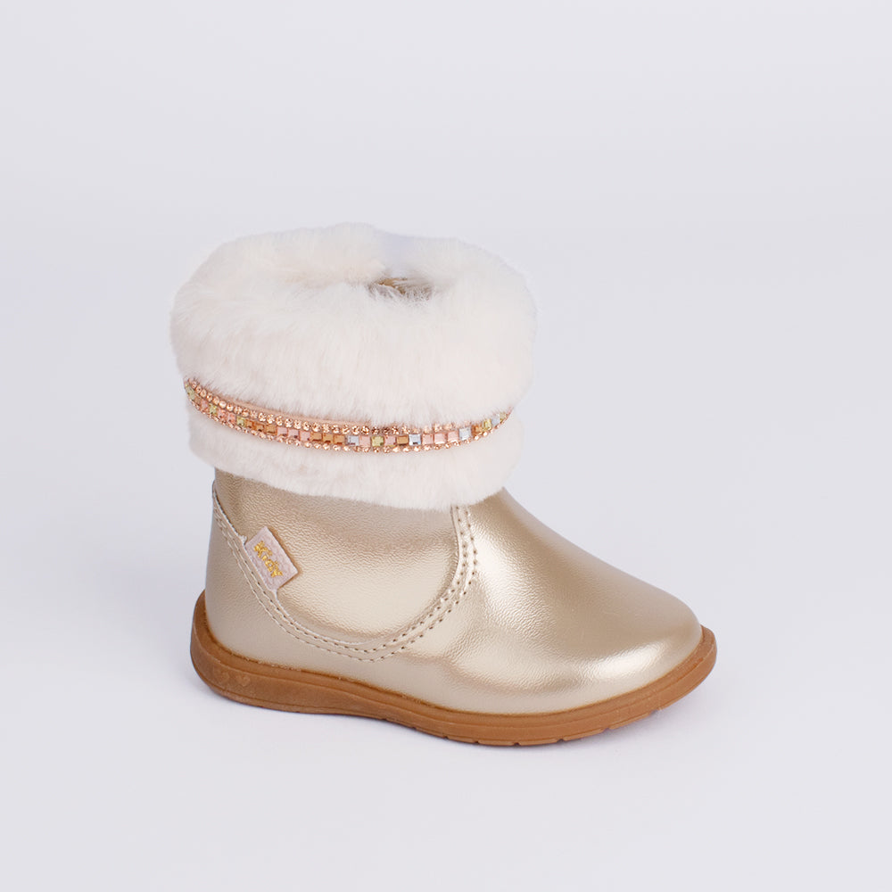 Bota Infantil Kidy Cano Ouro Curto Com Pelinho Strass Confortável Delicada