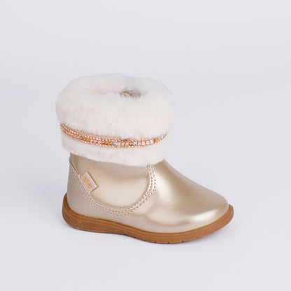 Bota Infantil Kidy Cano Ouro Curto Com Pelinho Strass Confortável Delicada