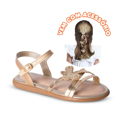 Sandália Kidy Cristal Ouro com Acessório de Cabelo