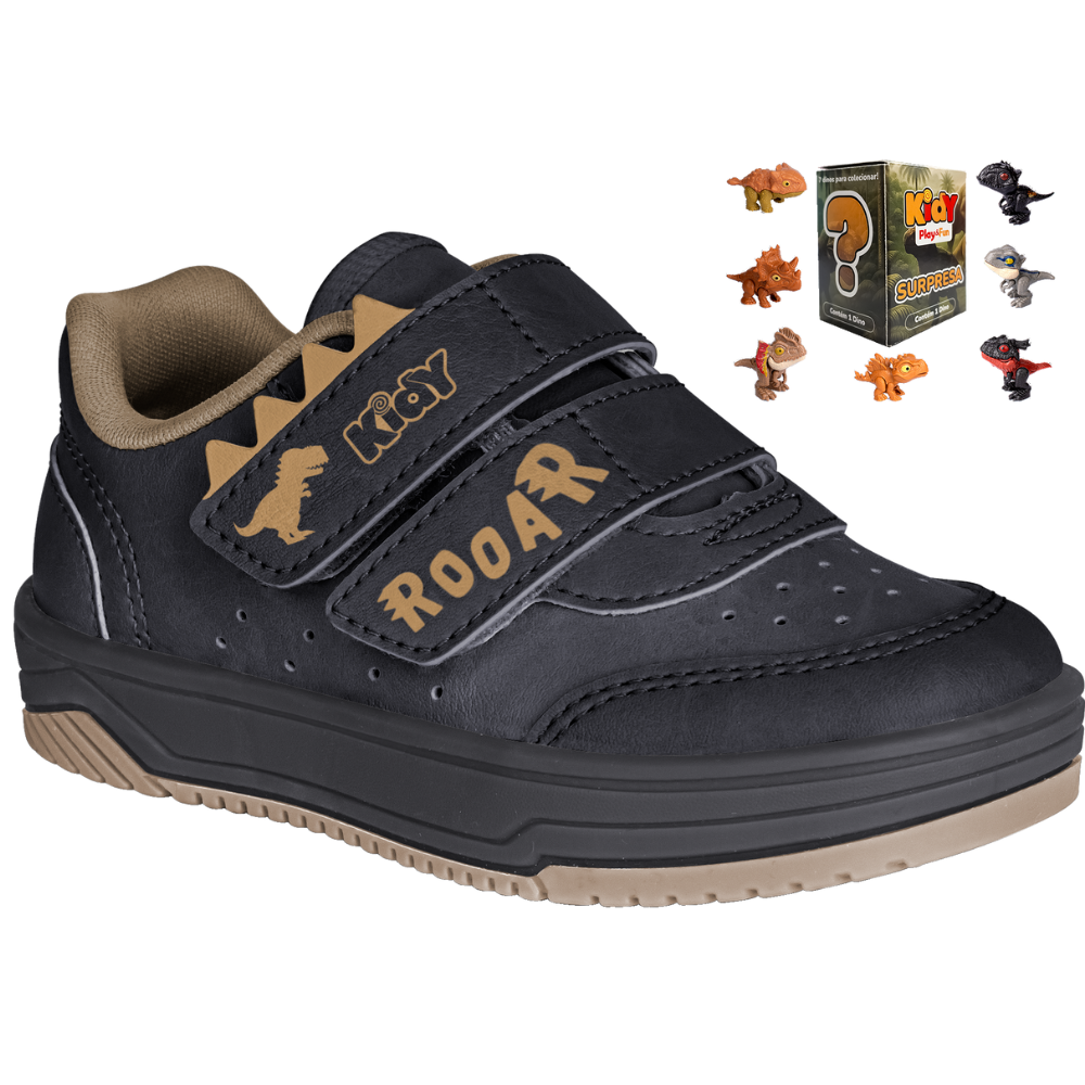 Tênis Infantil Kidy Happy Preto e Caramelo Dino Surpresa