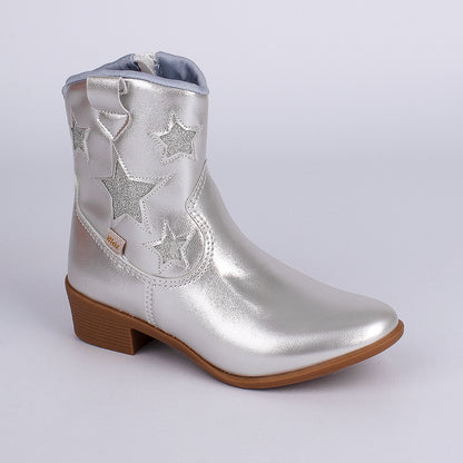 Bota Infantil Menina Kidy Folk Boho Prata com Estrelas Conforto e Estilo
