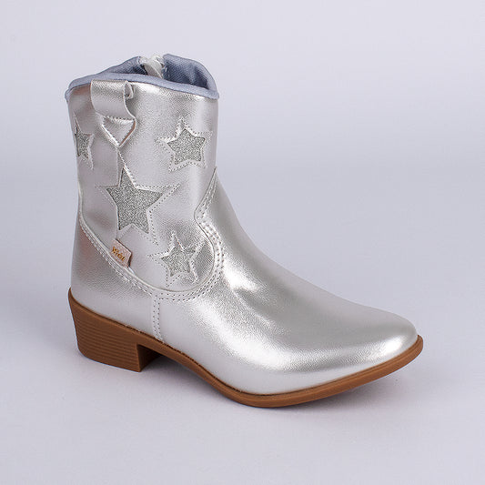 Bota Infantil Menina Kidy Folk Boho Prata com Estrelas Conforto e Estilo