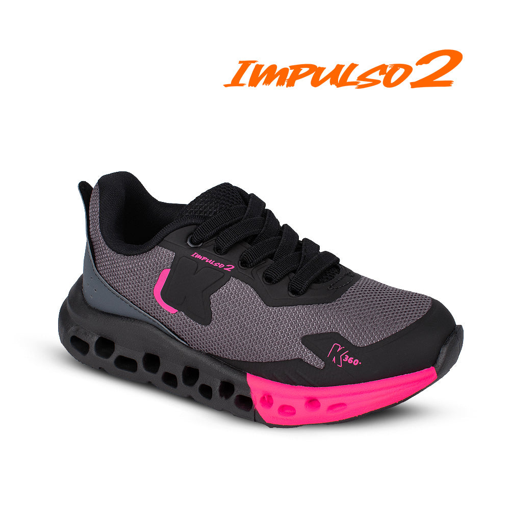 Tênis Infantil Menina Kidy K360 Impulso 2 Preto E Pink Calce Fácil