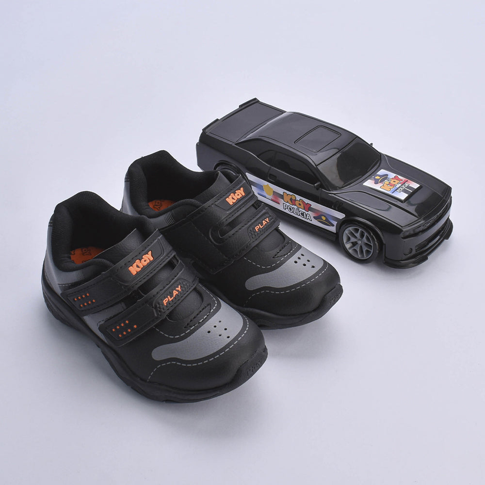 TENIS INFANTIL MENINO KIDY PLAY RESPITEC PRETO/CINZA/LARANJA