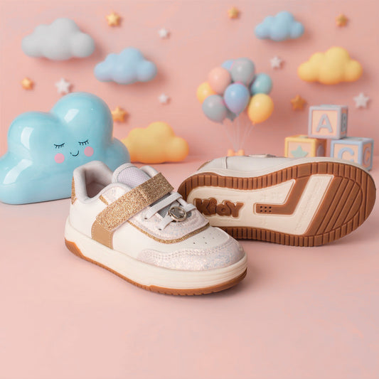 Tênis Infantil Menina Kidy Happy Off White com Glitter Dourado Velcro