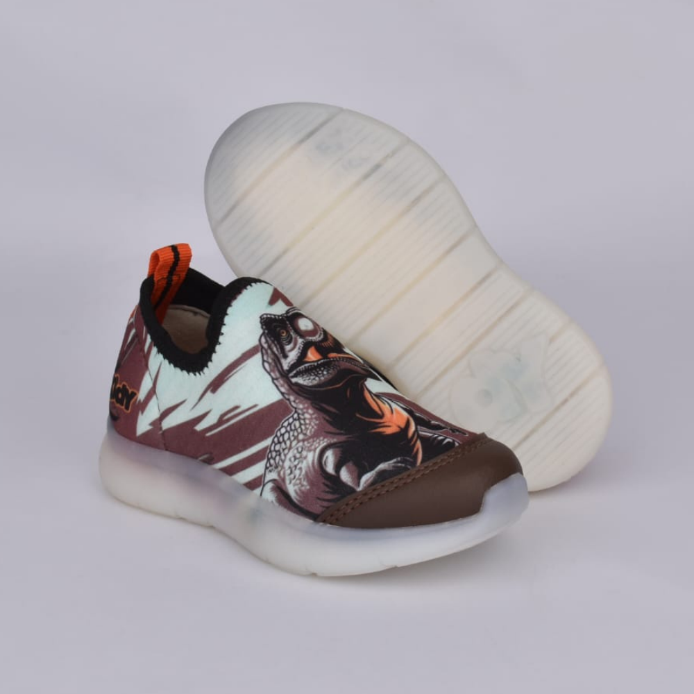 Tênis Infantil Menino Kidy Dinossauros Flex Ligth Marrom Laranja