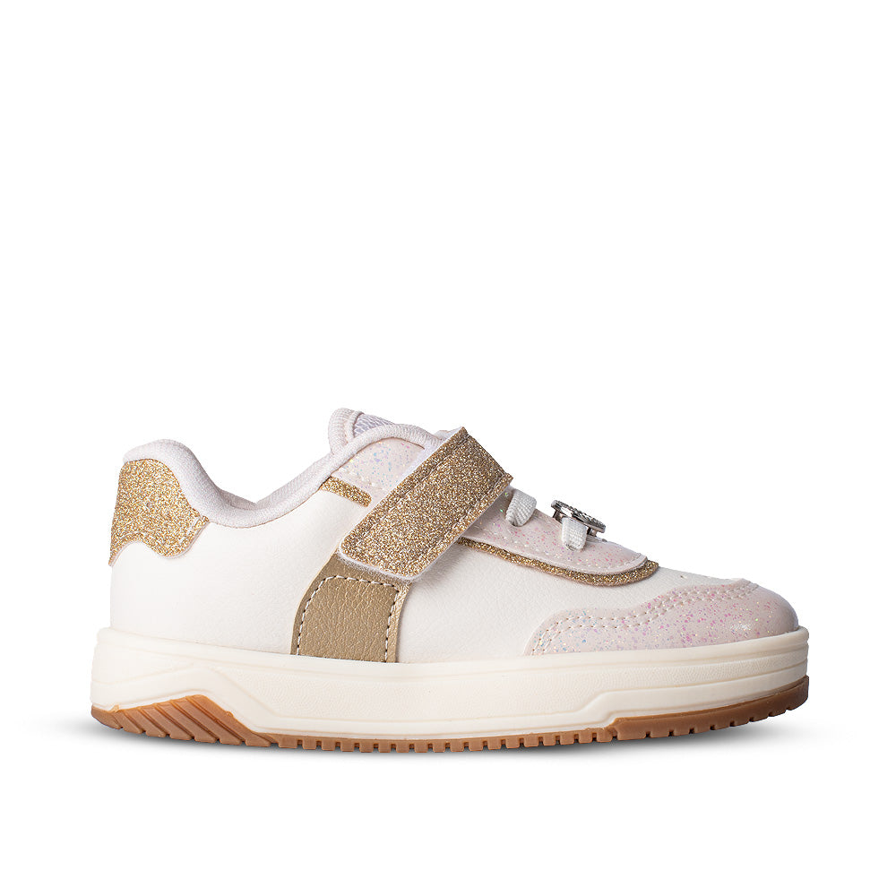 Tênis Infantil Menina Kidy Happy Off White com Glitter Dourado Velcro