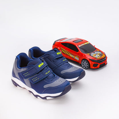 TENIS INFANTIL MENINO KIDY PLAY RESPITEC MARINHO/CINZA/AMRL NEON + BRINQUEDO