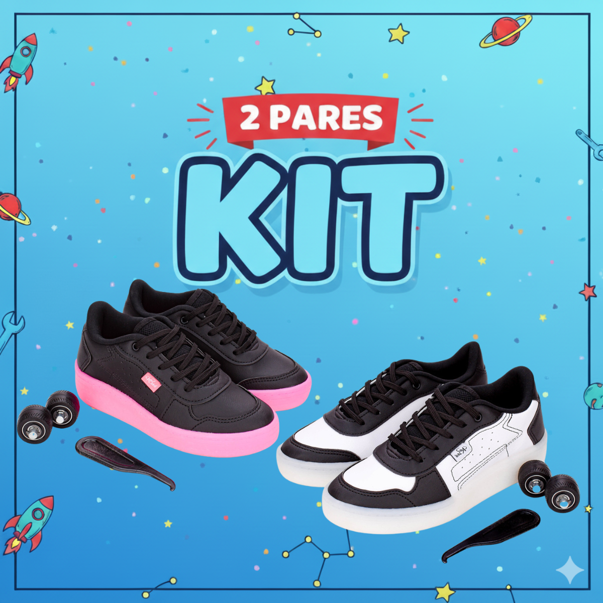 Kit Tênis Infantil com Rodinha Rosa e Preto 2 Pares Kidy