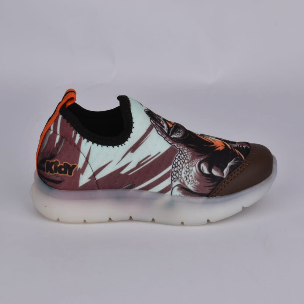 Tênis Infantil Menino Kidy Dinossauros Flex Ligth Marrom Laranja