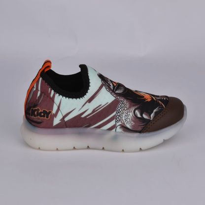Tênis Infantil Menino Kidy Dinossauros Flex Ligth Marrom Laranja